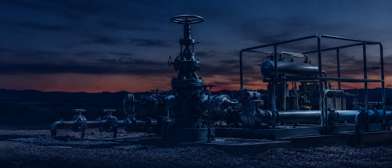 Oil and gas wellhead and production skid in the field